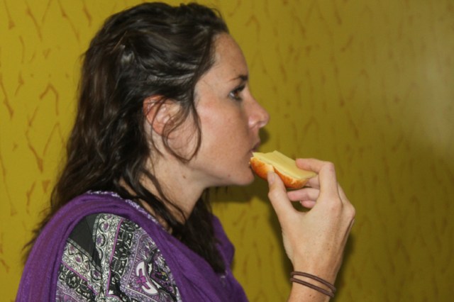 Vicki enjoying some cheese.